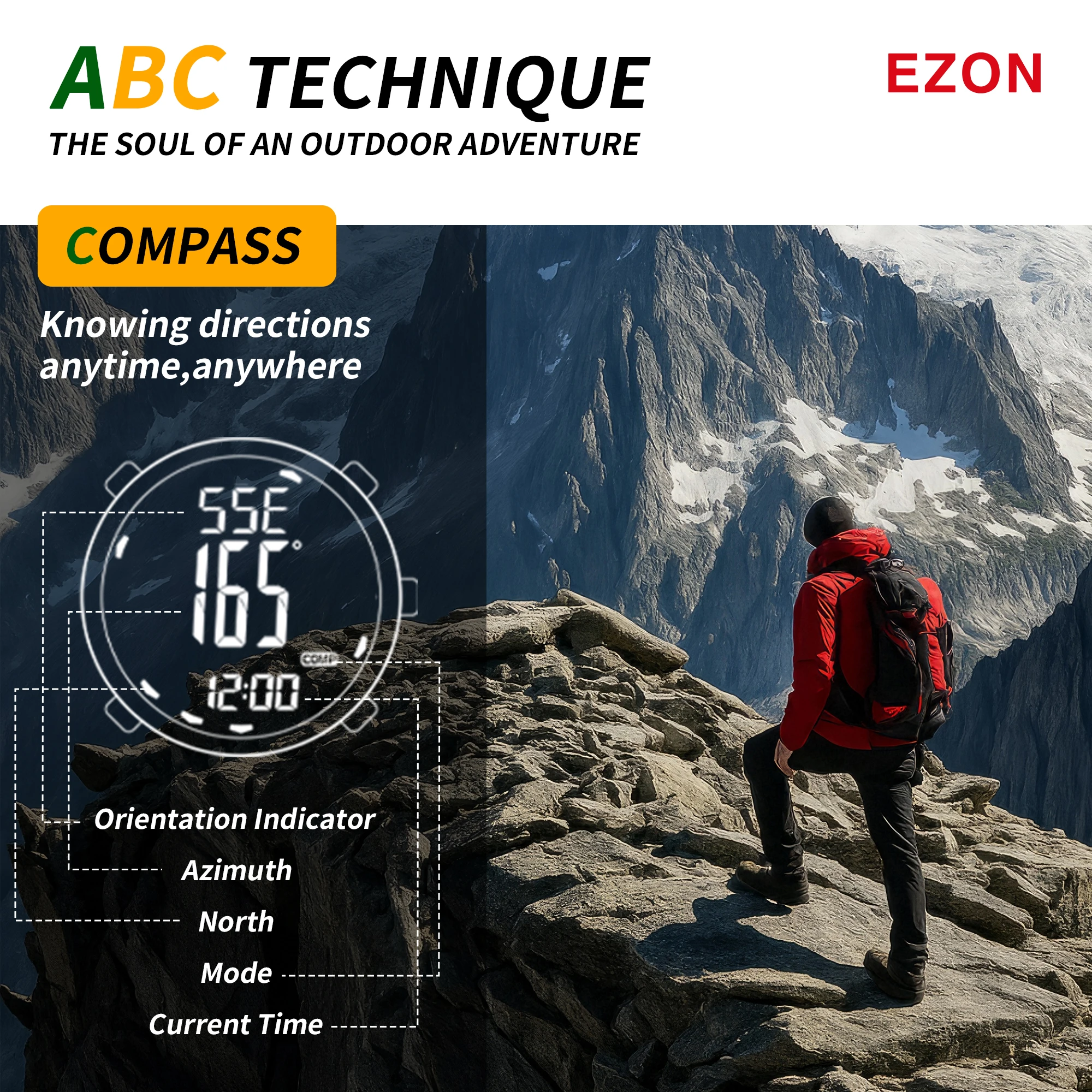 EZON H001 Men\'s Hiking Sports Digital Watch Running Swimming with Altimeter Barometer Compass 5ATM