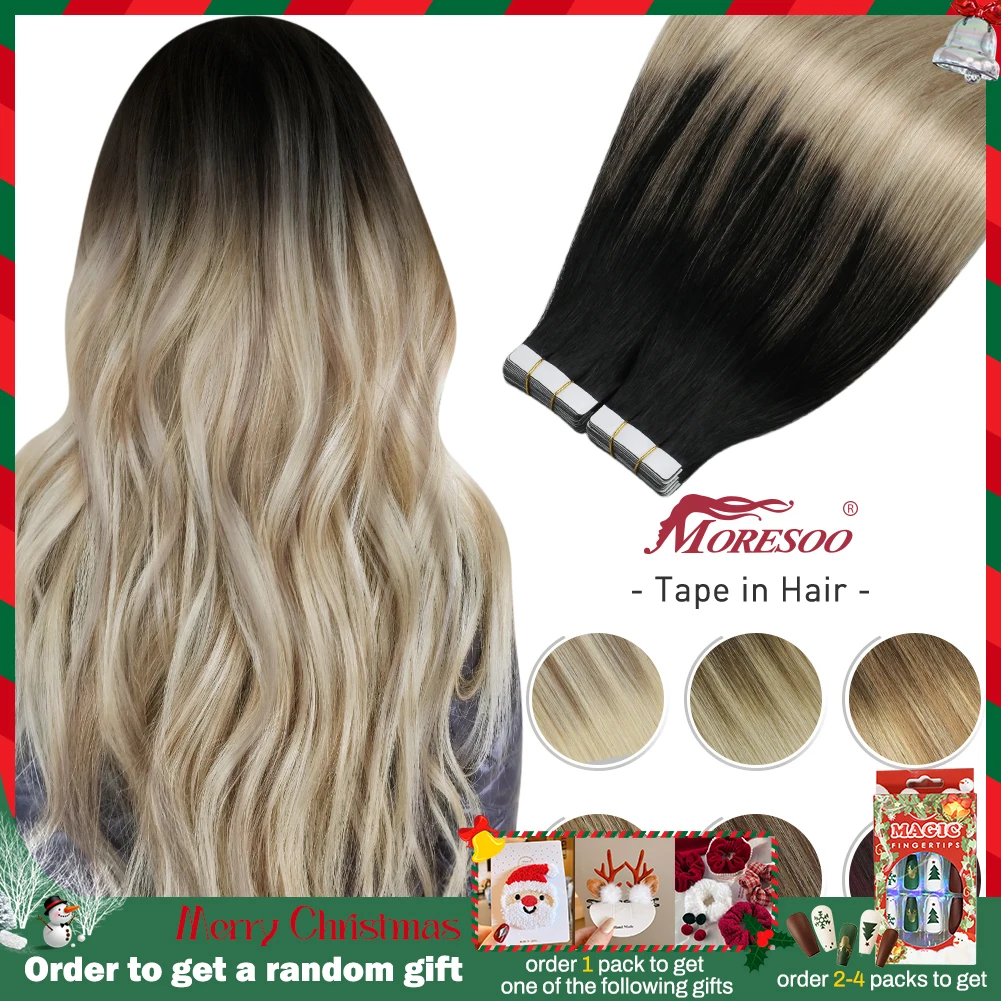 Moresoo Tape in Human Hair Extensions Balayage Blonde Hair Remy Hair Natural Soft Skin Weft Straight Seamless Hair Tape in Hair