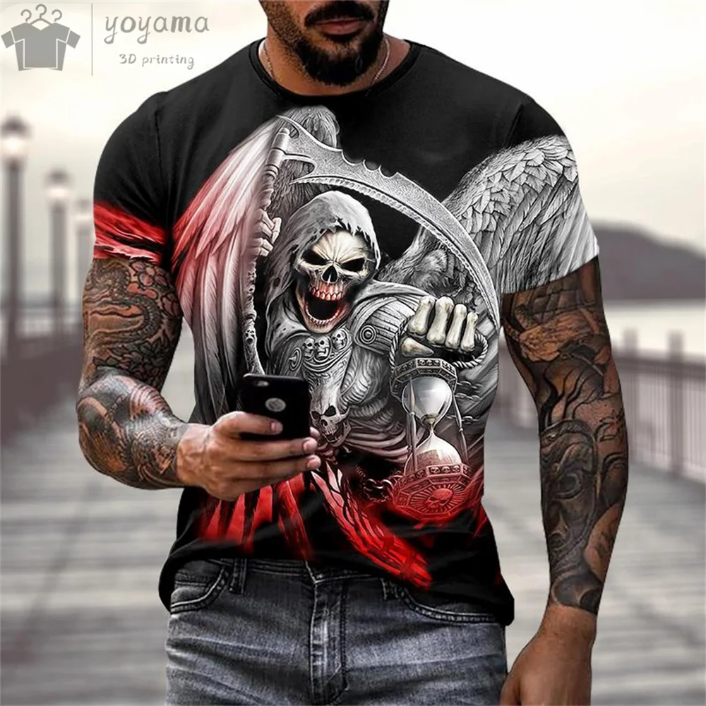 Men\'s Hip Hop Skull Print T-Shirt 3D Fashion Short-Sleeved Tee O-Neck Oversized T-Shirt Horror Skull Print T-Shirts for Men Tops