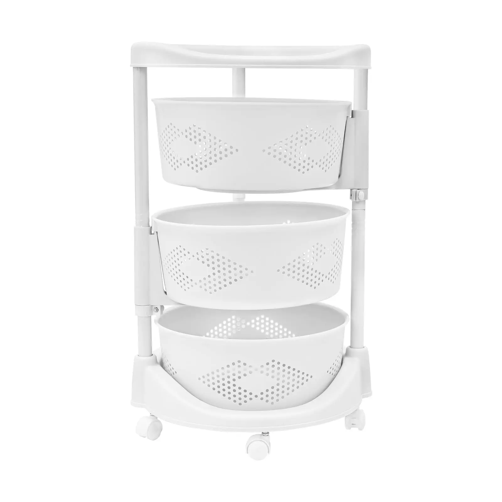 

Kitchen Rotating Storage Rack, 3-Tier Round Rotating Basket for Vegetables and Fruits, Plastic Rolling Utility Cart with Wheels.