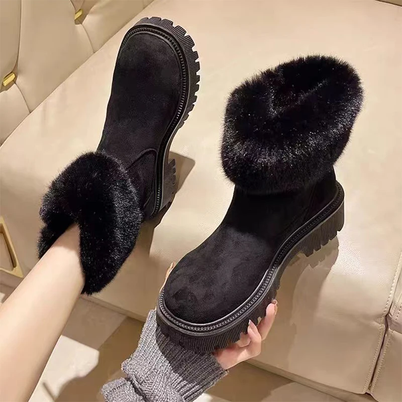 Women Ankle Warm Snow Boots Fur Flats Platform Shoes Winter New Suede Short Plush Cotton Shoes Fashion Brand Casual Mujer Botas