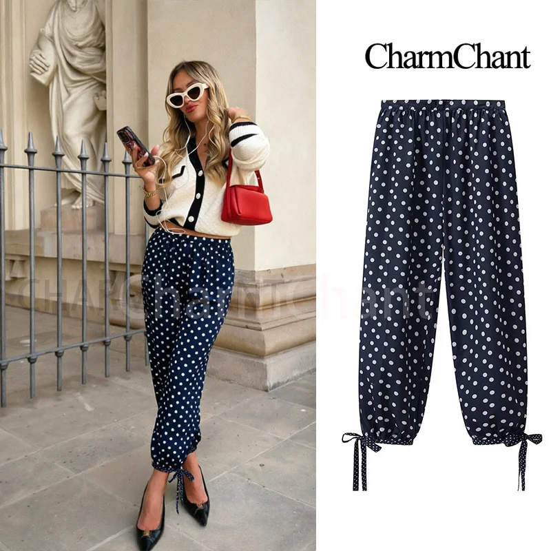 CHARMCHANT Women's Polka Dot Chiffon Jogger Pants Ankle Tie Elastic High Waist Loose Casual Going Out Vacation Summer 2026