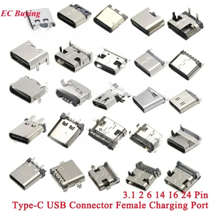 5-10Pcs USB Type C 3.1 2/6/16/24 Pin Connector Female Jack Charging Port SMD SMT PCB Solder DIY Repair USB-C Type-C Socket