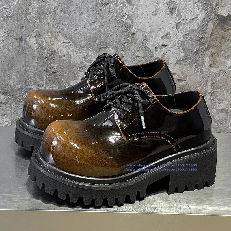 

Gradient Color Derby Shoes Patent Leather Thick Soled Shoes Round Toe Lace-Up Shoes Wear-Resistant Shoes Handmade Men's Shoes