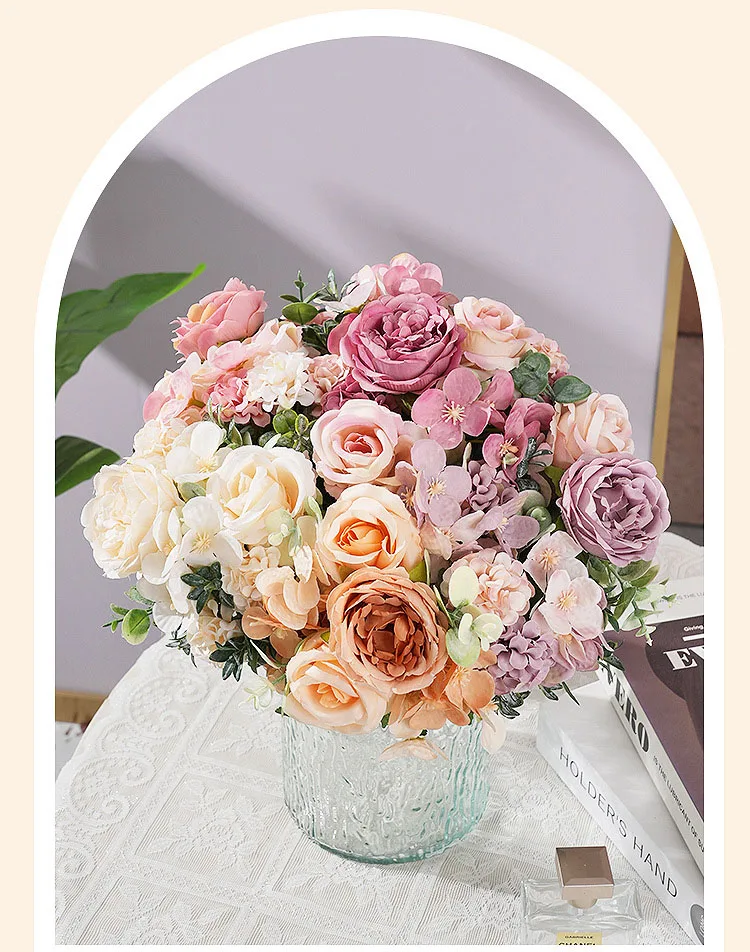 Künstliche Pfingstrose, Hortensien, rosa Rosen, Blumenstrauß, Seidenblumen für Hochzeit, Party, Blumenstrauß, gefälschte Blumenarrangements, Heimdekoration – Detail 15