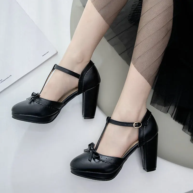 Women\'s Plus Size 32-46 T Strap Girls High Heels Round Toe Heel Pumps Women Platform Pumps with Bow Party Wedding Shoes Girls