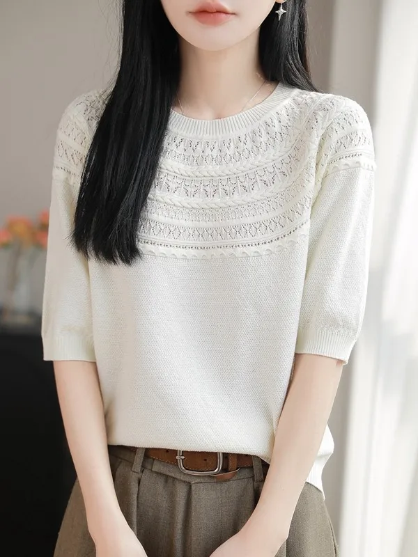 

Retro Hollow out Pure Cotton Knitted Short Sleeve round Neck Slimming Top Women's Casual Style Soft Fabric Breathable T-Shirt