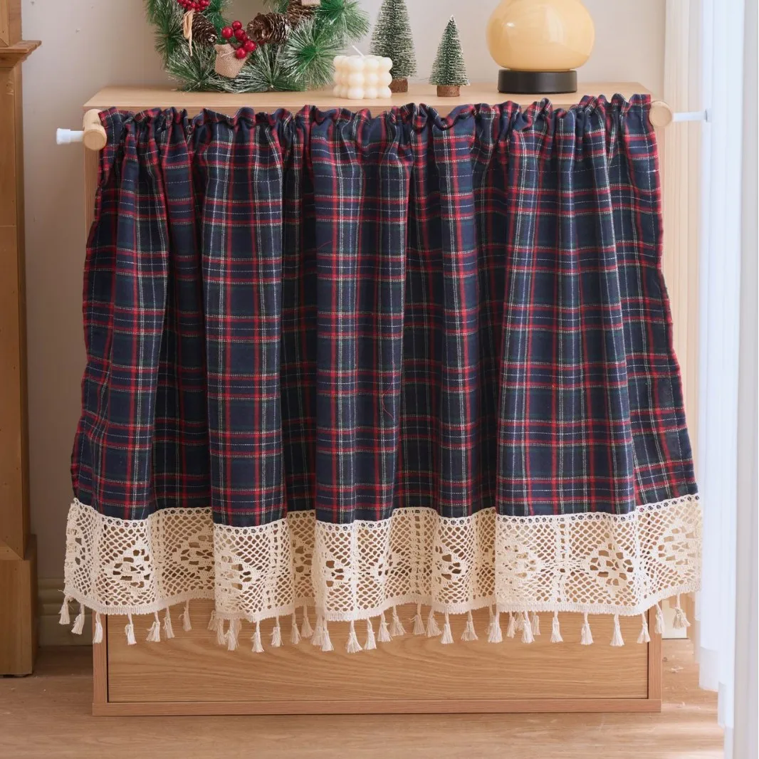 

Christmas Plaid Short Curtains for Bedroom Living Room Dust-proof Kitchen Window Curtain Rod Pocket Holiday Home Office Decor