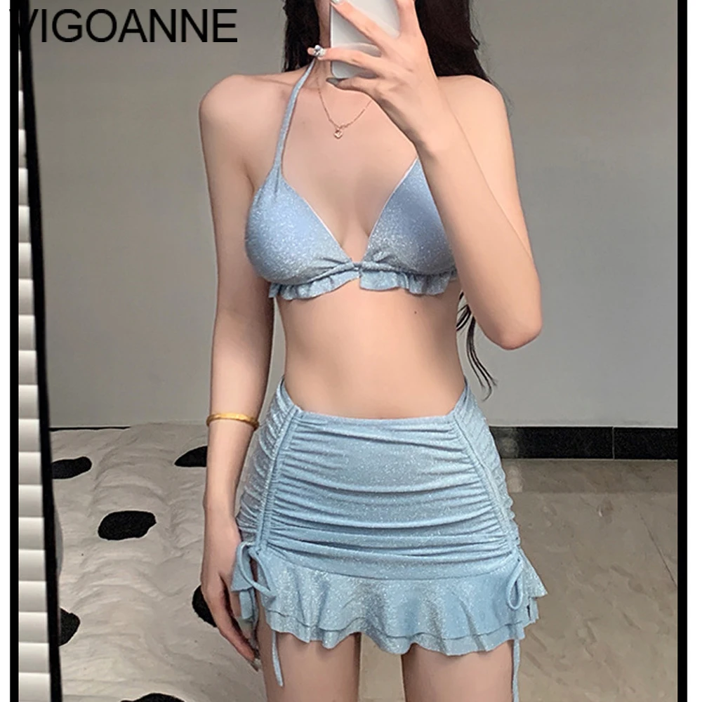 VigoAnne Sexy Solid Closed 3-częściowa spódnica z wysokim stanem Bikini Set Women 2025 Halter Push Up Strój kąpielowy bez czarnych letnich kostiumów