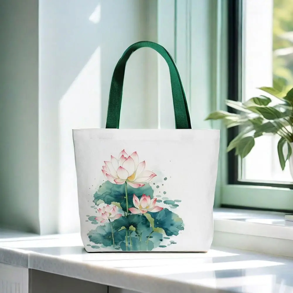

Vintage Chinese Style Lotus Flower Bag Casual Shopping Lotus Flower Tote Bag Canvas Travel Women Shoulder Bag Handbag