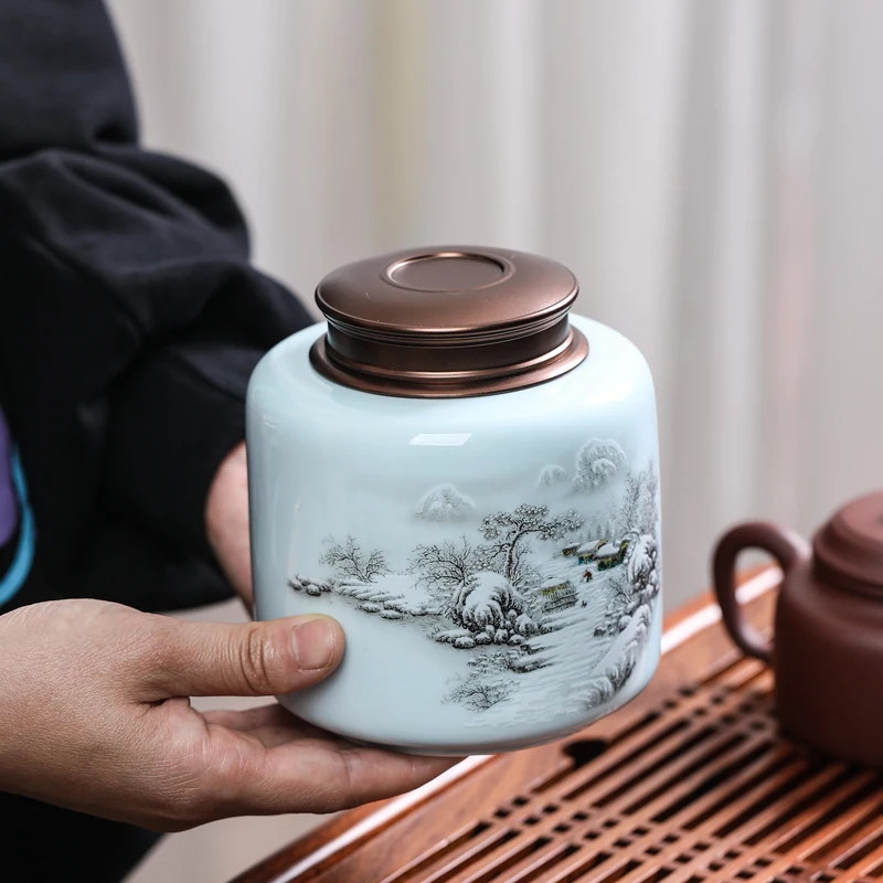 Classical Ceramic Tea Box with Metal Lid Candy Jar Mountain Water Sealed Household Nuts Coffee Bean Storage Container