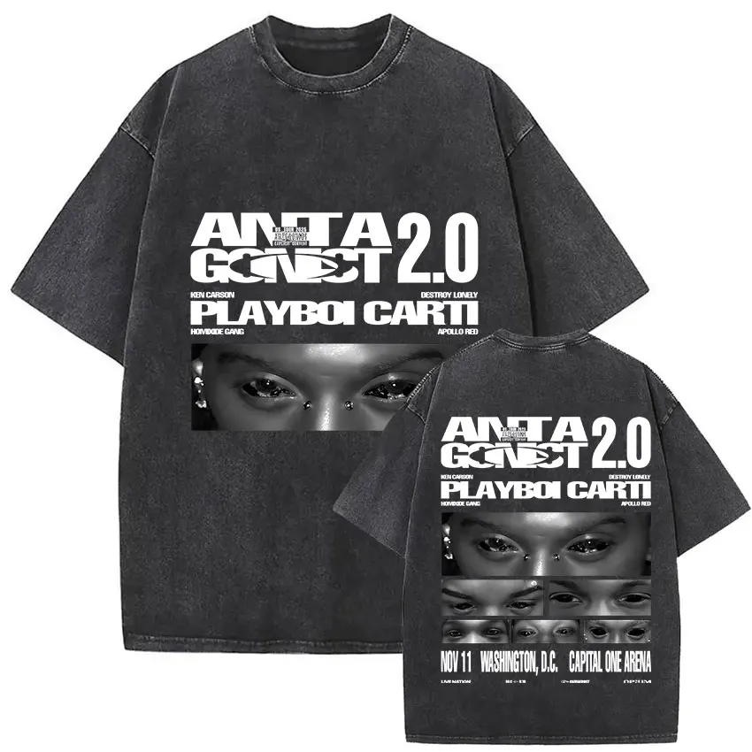 PLAYBOI CARTI ANTAGONIST 2.0 Tour 2025 Vintage Washed T-Shirt Men's Hip Hop Music Fashion Short Sleeve T Shirt Unisex Streetwear