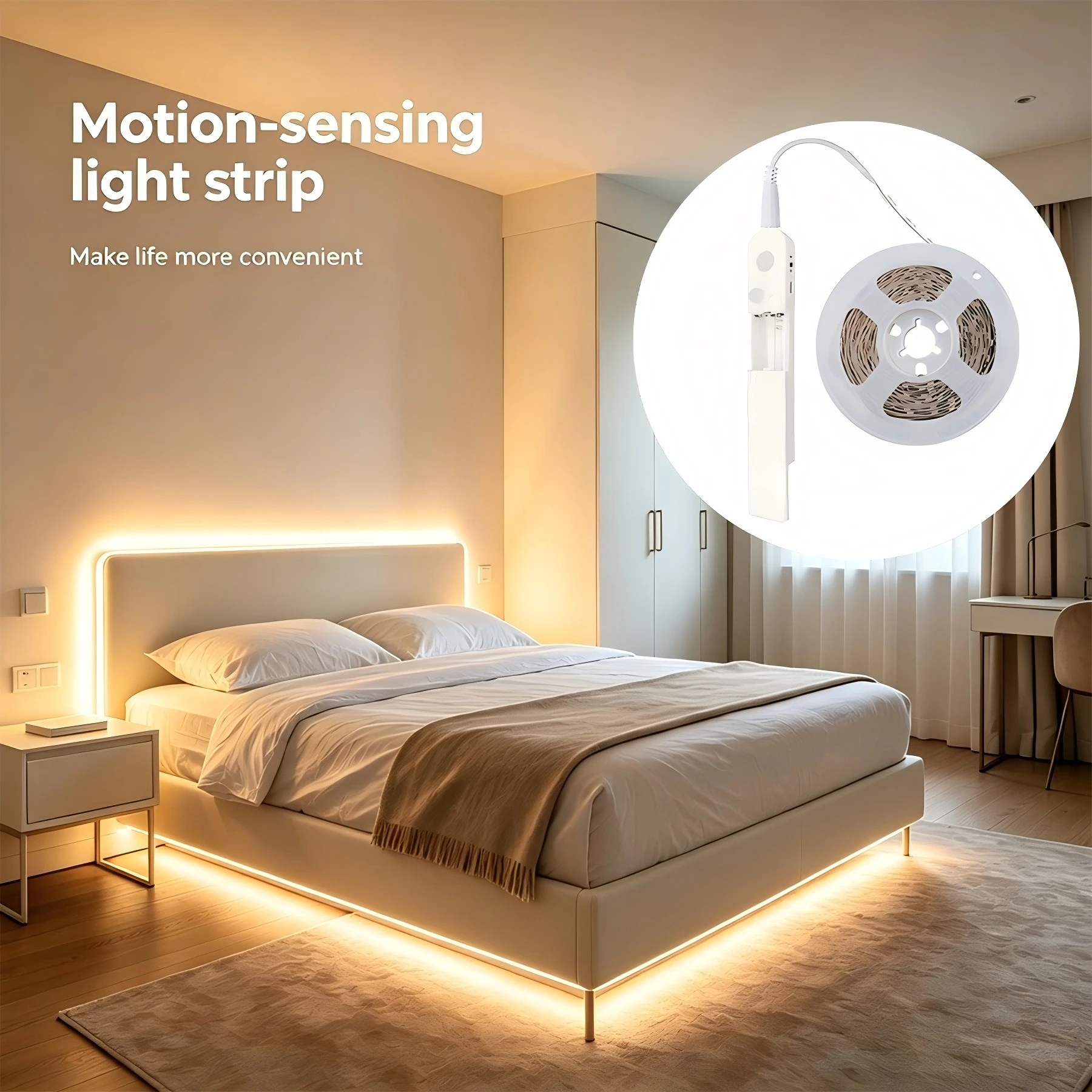 Motion-Sensing LED Light Strip, Powered by Either USB or Batteries (Batteries Not Included). Suitable for Bedrooms, Staircases