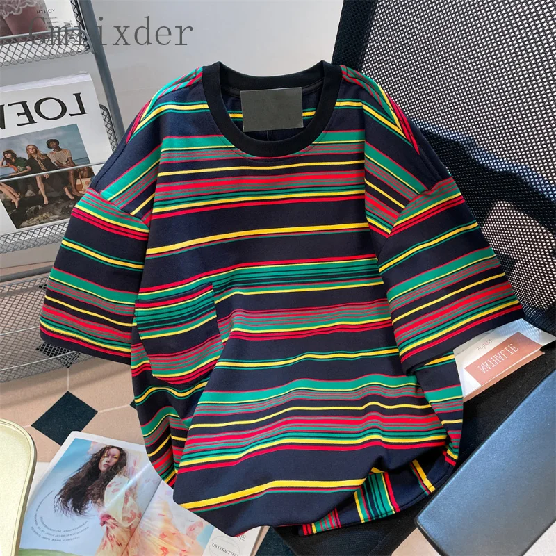 Hong Kong Vintage Rainbow Stripe Top Men Women High Street Short Sleeve T-shirt Summer American Casual Couple Loose