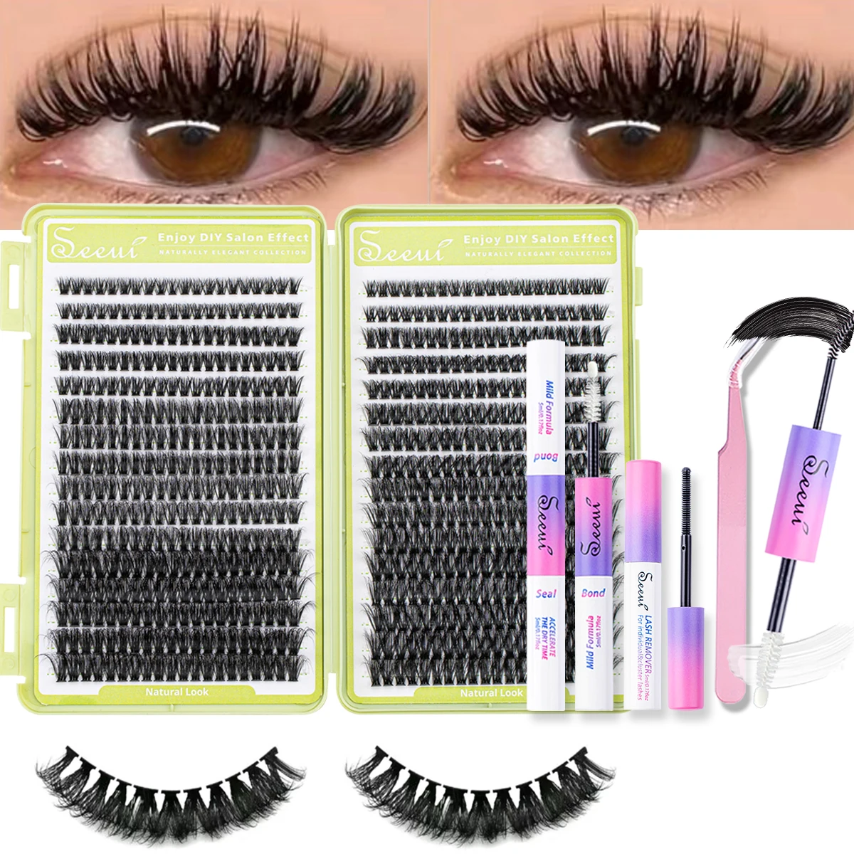 ISEEN Kit de extensión de pestañas DIY Kit de pestañas individuales con unión y sello de pestañas, pinzas para pestañas y removedor de pestañas