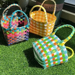 New Woven Bag Small Square Bag Plastic Vegetable Basket Bag Small Color Basket Photo Taking and Beach Bag Handbags for Women