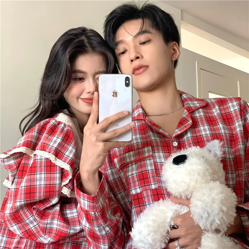 Loose Casual Couple Pajamas Sweet Lace Vintage Red Plaid  Thick  Nightwear Autumn Winter Princess Style Christmas Homewear D711