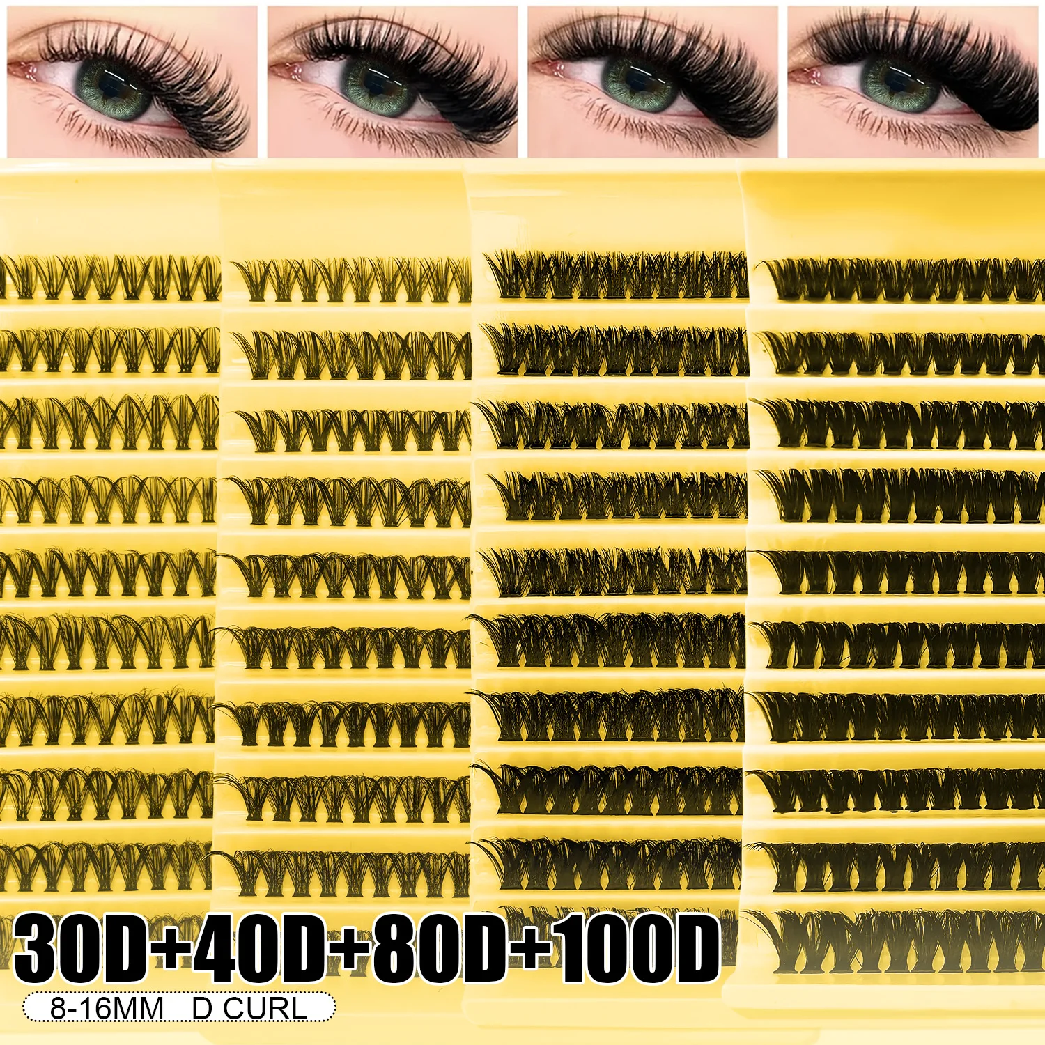 DIY Lash Clusters Kit - 30D/40D/80D/100D Mix 8-16mm D Curl Individual Lashes, Natural Volume False Eyelashes for Beginners