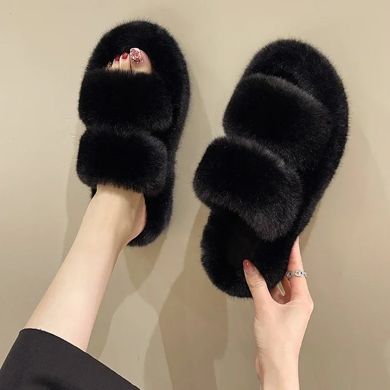 New Winter Open Toe Slipper Fashion Fur Thick Sole Flats Heel Ladies Casual Slip On Bedroom Shoes Soft Outdoor Slides Shoes