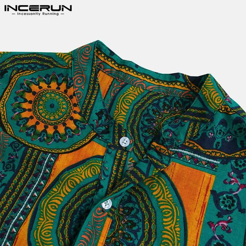 INCERUN-camisa informal con estampado Vintage para hombre, ropa de calle de manga corta con cuello levantado, S-5XL de ocio, vacaciones, 2024