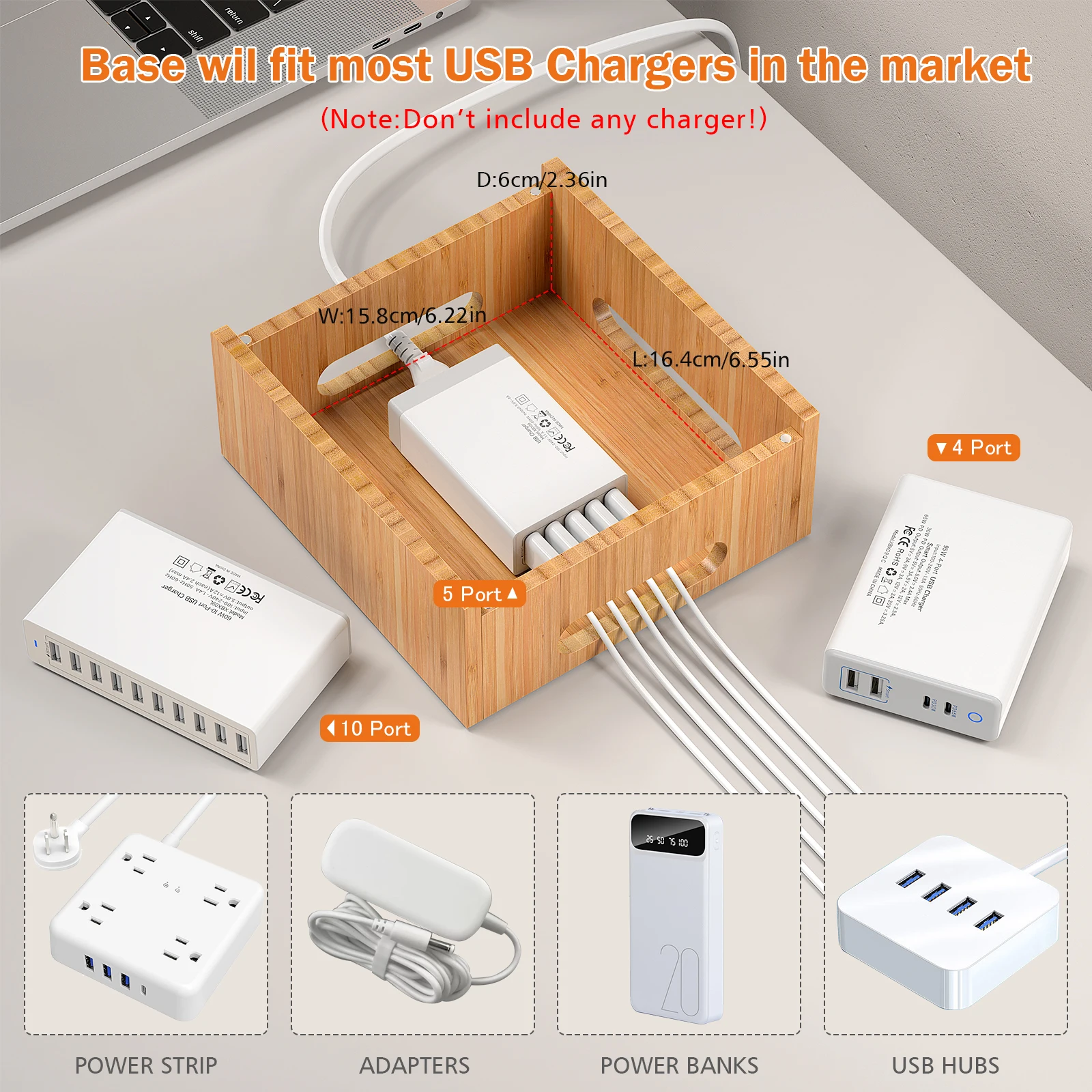 Bamboo Charging Station Organizer for Multiple Devices, Desktop Docking Station Compatible with Phone, Tablet, Earbuds