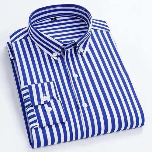 Imagen 1 del producto Camisa a rayas para hombre, camisas de manga larga, camisas de vestir de negocios informales azules, camisa ajustada a la moda con estampado coreano sin hierro