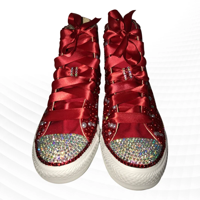 Red diamond pearl ribbon party wedding high top women\'s shoes handmade custom large size lace-up canvas shoes 35-44