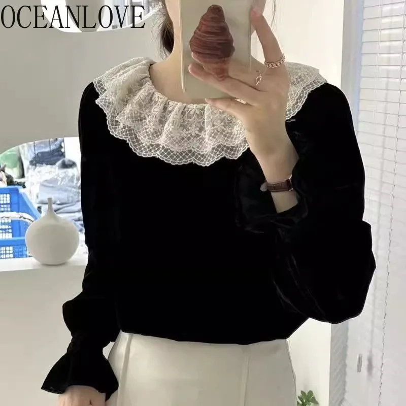 OCEANLOVE Peter Pan Collar Blouses Women Tops Lace Ruffles Korean Fashion Chic Blusas Mujer Spring Autumn Vintage Shirts