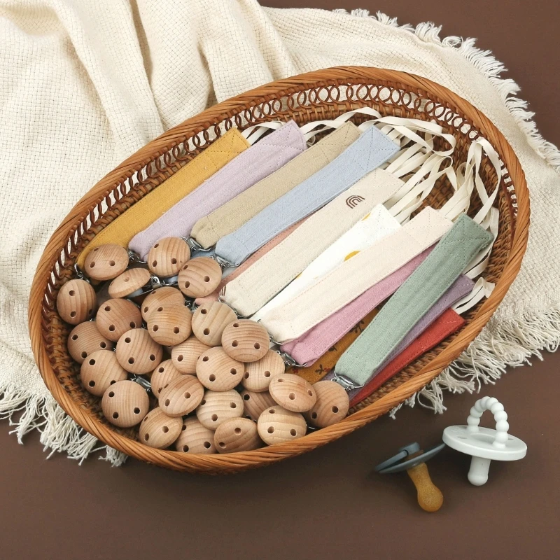 3pcs Cotton Pacifier Clips Wooden Chain Holder for Infant Newborn