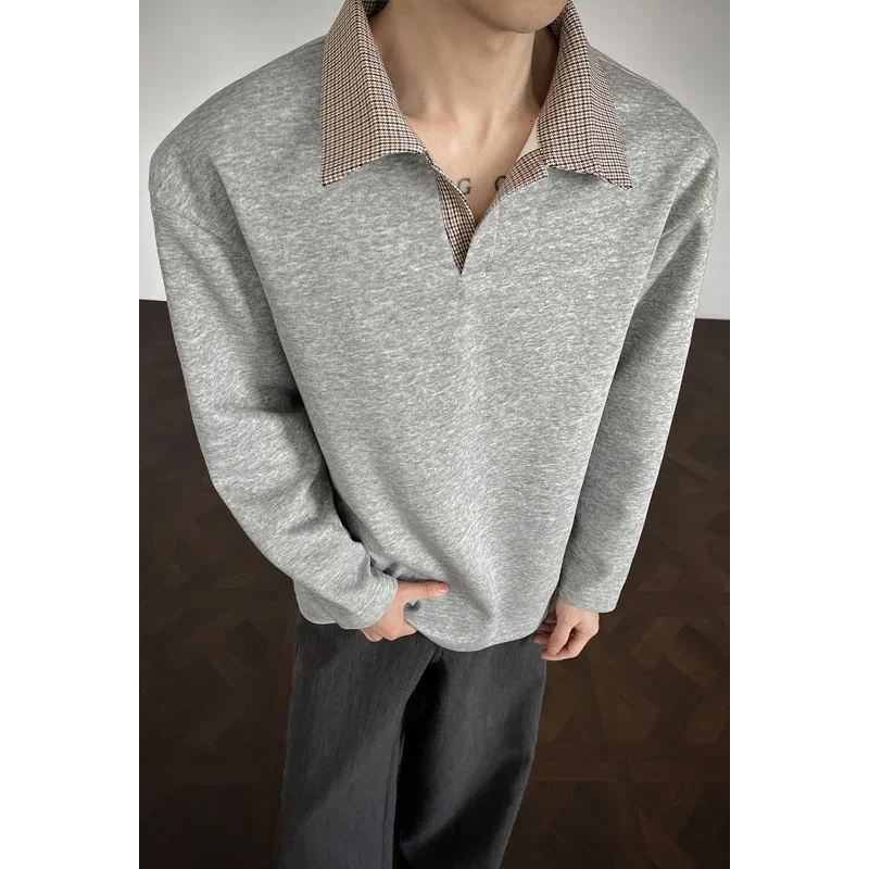 Men Casual Lapel Long Sleeve Top Contrast Grid Collar Design Loose Cut All Match Daily Wear Shirt