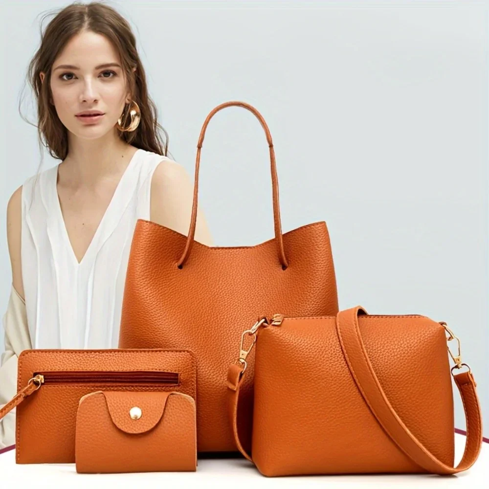 4 Piece Set Large Capacity Leather Handbag Pure Colour Lychee Texture Shoulder Bag Bucket Bag Wallet Handbag