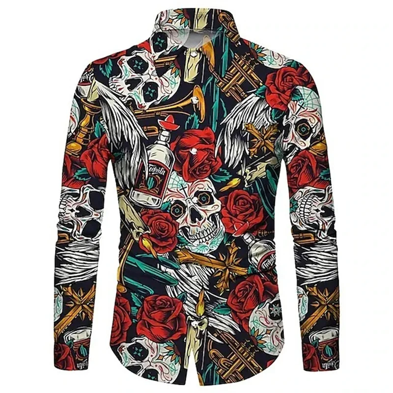 Rose Schädel Grafik Vintage Shirts Für Männer 3D Gedruckt Goth Skeleton Lange Ärmel Hemd Männer Kleidung Lässige Hip-hop Tasten Shirts