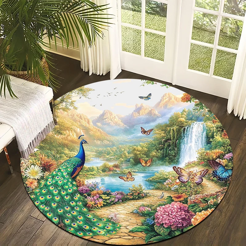 

Peacock & Waterfall Park Flannel-printed round floor mats are slip-resistant Suitable living room bedroom terrace garden carpets