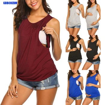Maternity Tank Top สตรีเสื้อลําลองแขนกุดด้านข้าง Ruched ลูกเรือคอ Basic Nursed Vest การตั้งครรภ์ให้นมบุตร Tee