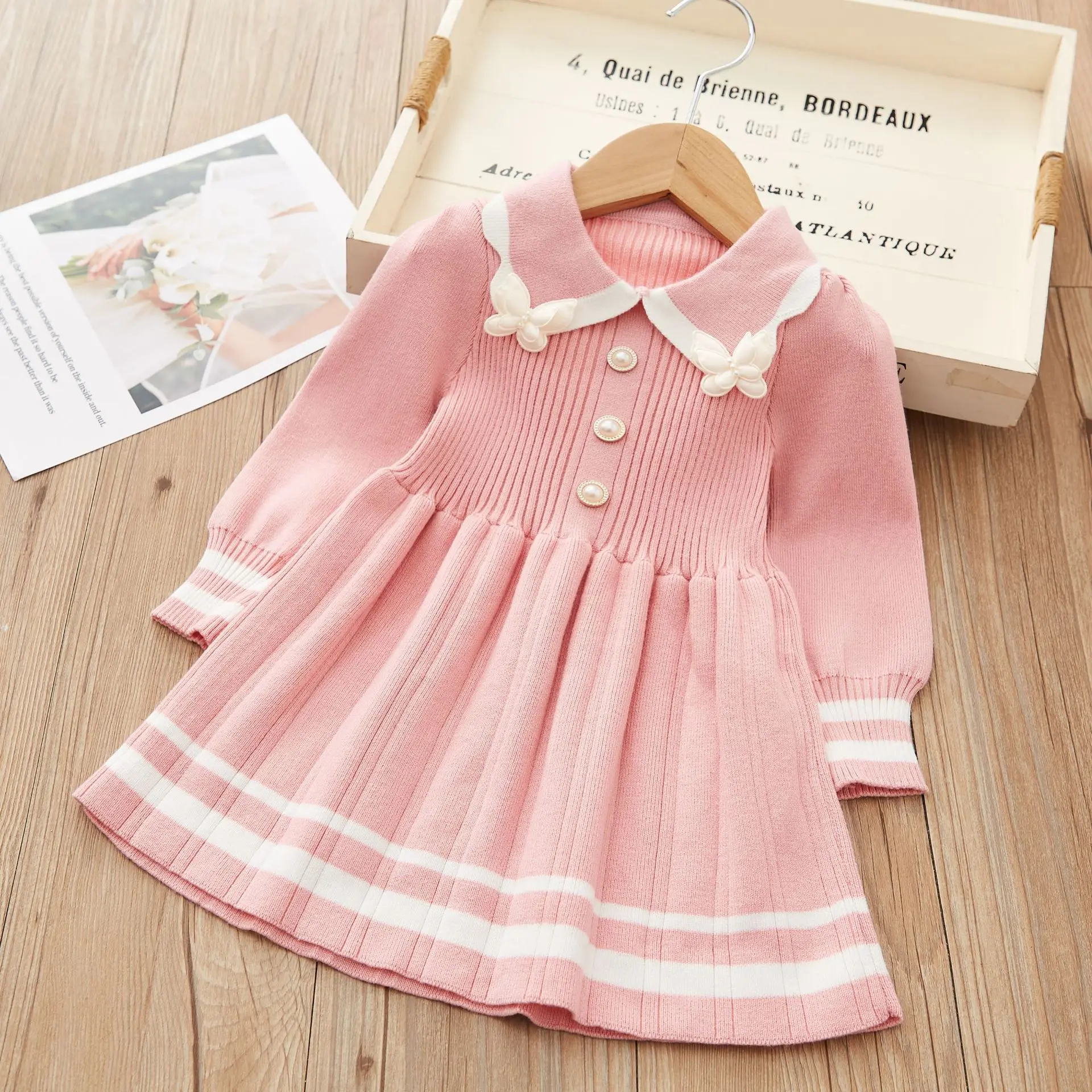 Korean Autumn/Winter Knitted Cute Dress Girl Striped Butterfly Applique Pearl Button Warm Sweater Long Sleeve Knitted Skirt 2-6Y