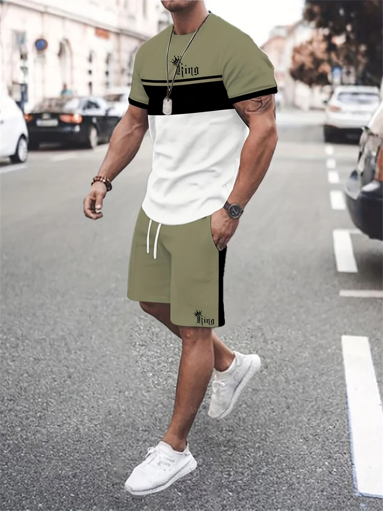 

2025 New Men's Short-Sleeve Athletic Shorts Set Crew Neck T-Shirt With Drawstring Shorts Stylish Streetwear Two-Piece Set