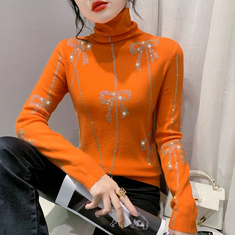 #4334 Women Sweaters And Pullovers Diamonds Skinny Knitted Sweaters Female Stretch Knitwear Turtleneck Sweater Black Gray Yellow