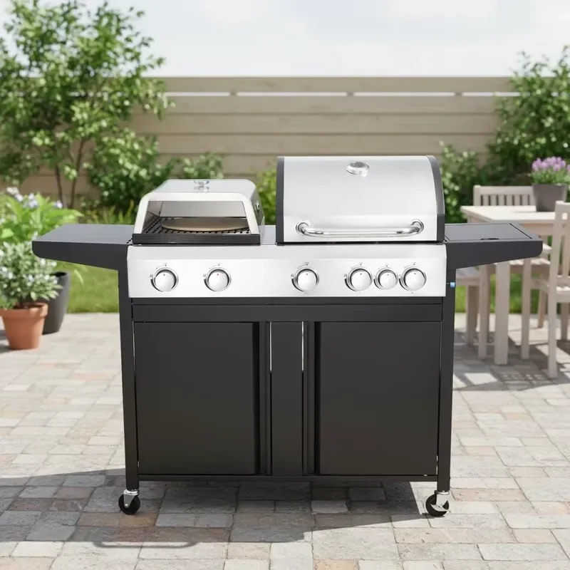 Portable Outdoor 5 burner Grill + Side Burner with Pizza Box