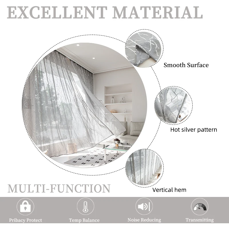1pc Tree Branch Silvery Sheer Curtains For Living Room Bedroom Home Decor
