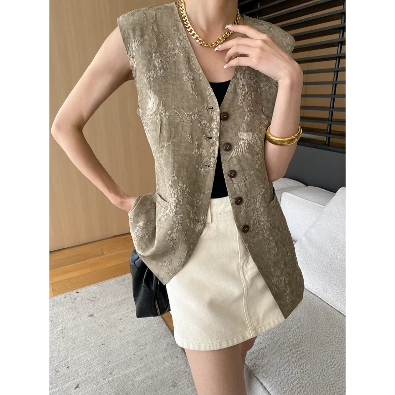 Kobiety Vintage szary na co dzień żakard z dekoltem w serek kamizelka bez rękawów moda koreańska elegancka biuro Khaki zielony mały zapach topy damskie lato