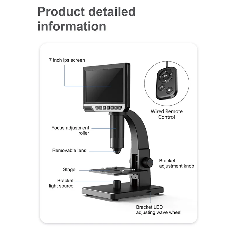 HDデジタル単眼ビデオ顕微鏡,高解像度画像,プラスチックボディ,有線,リモコン,500x-1500x,7インチ