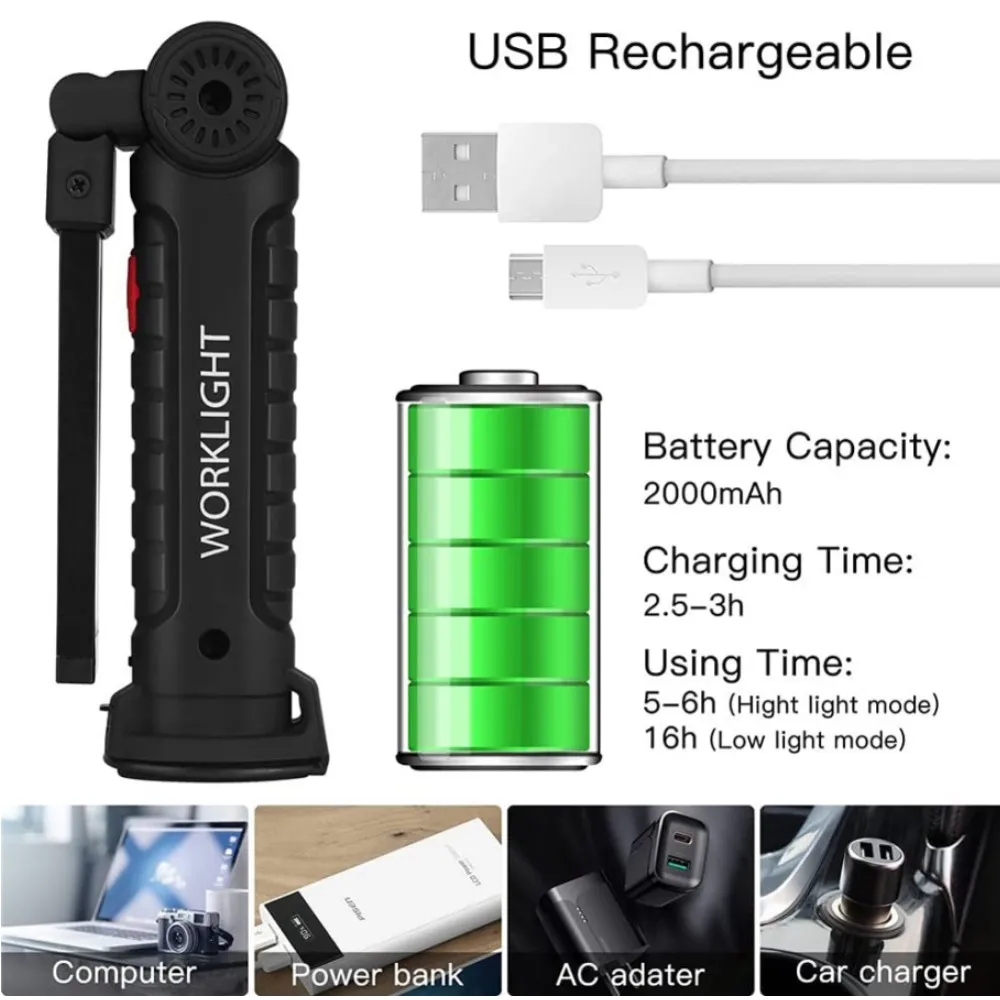 Led Work Light Magnetic Base Hook Rechargeable 360°Rotating Portable Handheld Flashlights For Working Repairing Outdoor Camping