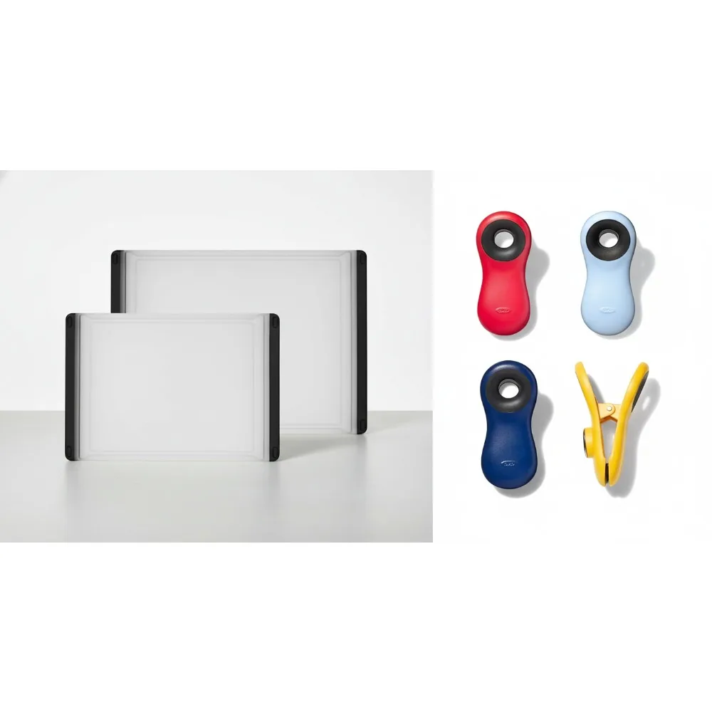 

2-Piece Plastic Cutting Board Set & 4-Piece Bag Clip Kit, Dishwasher Safe, Non-Slip Grip for Kitchen Use