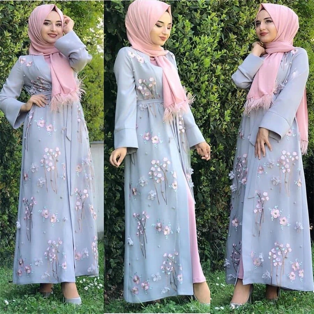 

3D Flower Muslim Embroidery Abaya Women Arab Robe Dubai Open Kimono Long Sleeve Kaftan Elegant Luxury Maxi Robe Party Dubai