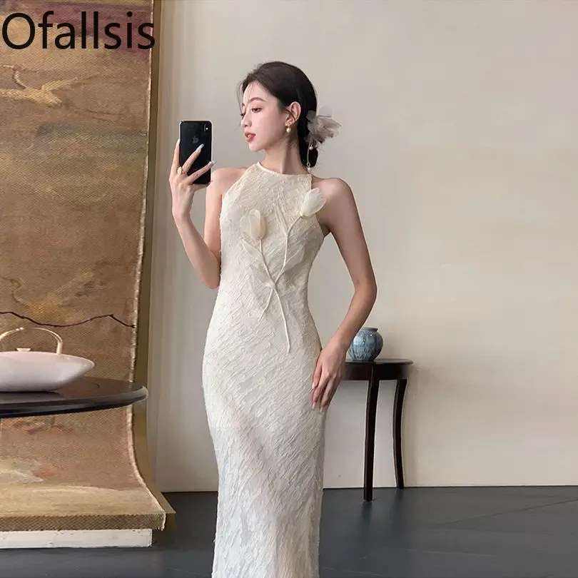 Ofallsis French Style Waistband Sleeveless Dress Women\'s 2024 Summer New Three dimensional Floral Temperament Slimming Dresses