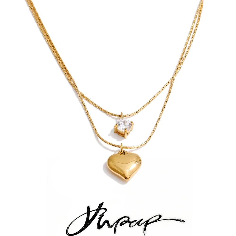 Yhpup Edelstahl-Halskette mit doppellagigem Zirkonia, Herz-Tropfen-Overlay, Valentinstagsgeschenk, beliebter schicker Halsschmuck