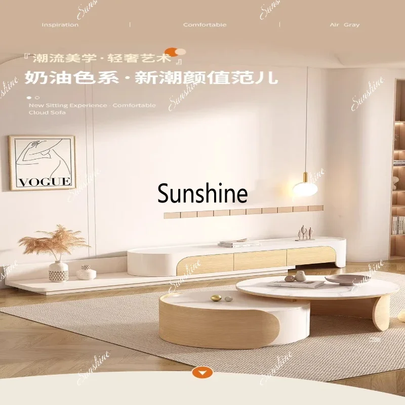 

Cream wind TV cabinet, simple modern household living room, small apartment, retractable coffee table, combinationP