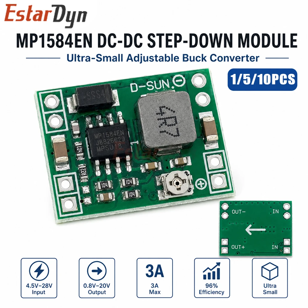Estardyn 1/5/10pcs MP1584EN 3A Ultra-Small DC-DC Step Down Adjustable Voltage Regulator Module 24V/12V/9V/5V/3.3V for DIY