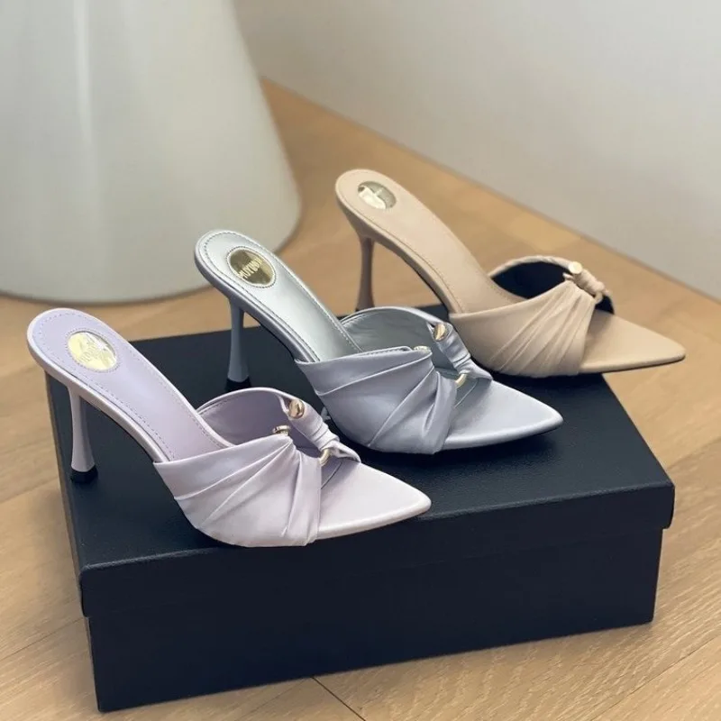 

Women's Solid Color High-heeled French Temperament Open-toed Outdoor Slippers 202 Summer New Pointed Slippers Zapatos De Mujer