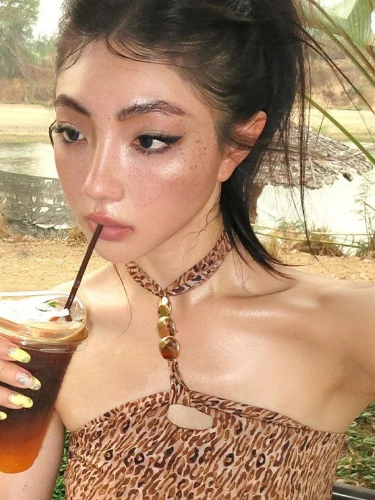 مثير ليوبارد طباعة Y2k الجمالية تانك القمم الشارع الشهير الرسن خمر الجوف خارج الدبابات Harajuku Bodycon عارية الذراعين بروتيل الصيف